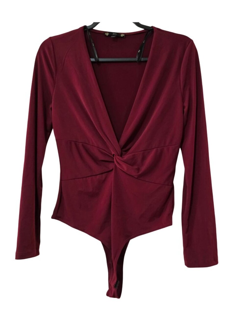 Iris Twist Front Thong Bodysuit Deep V Long Sleeve Burgundy Women’s L